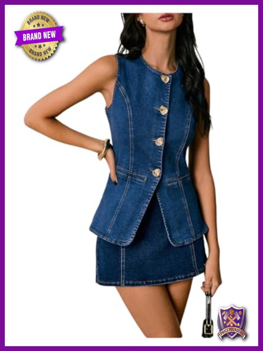 Sleeveless Denim Vest Button Down Crewneck Slim Fit Casual Womens